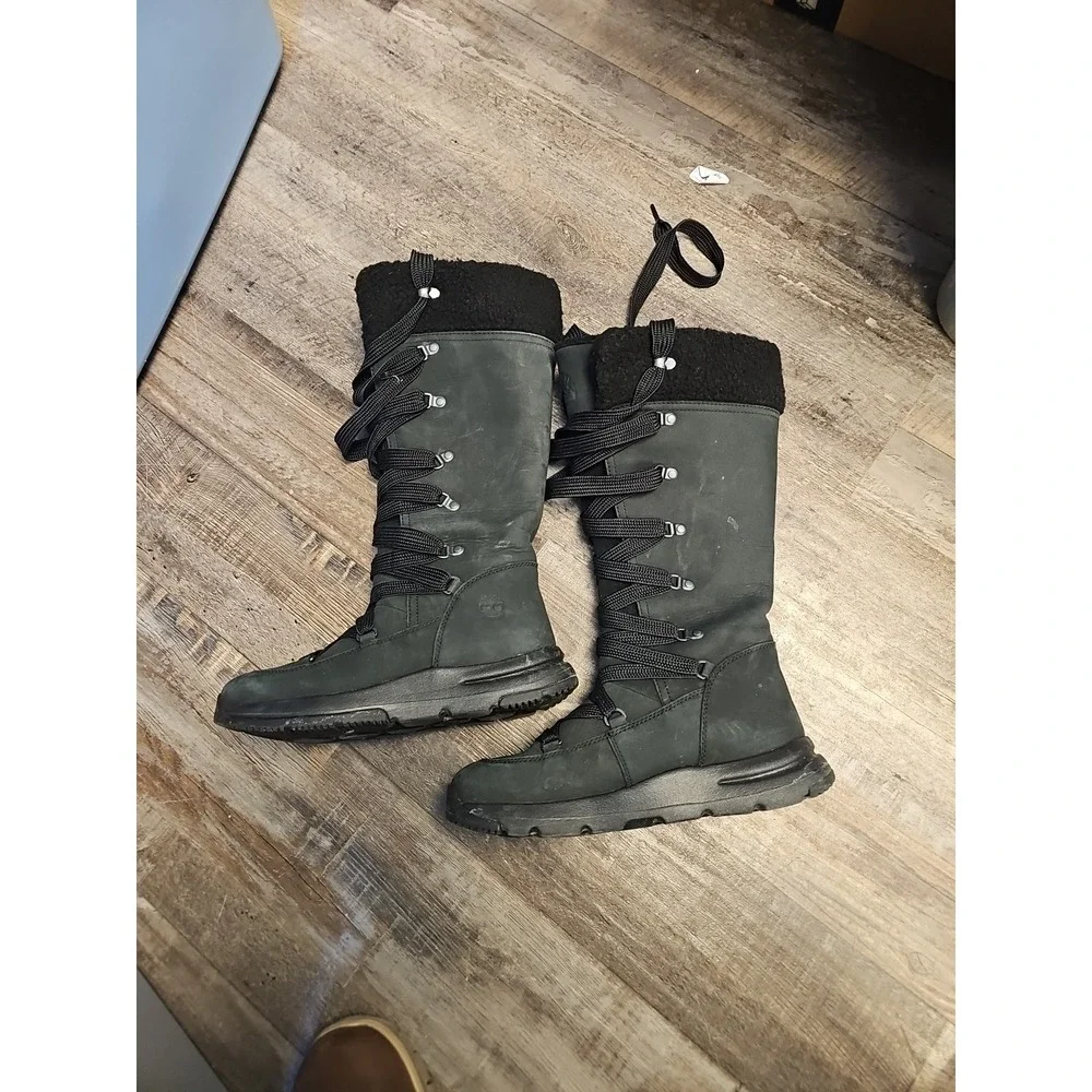 Timberland Women KNEE SNOW BOOTS 7 Black Lace Rugged Leather WARM NEW $198